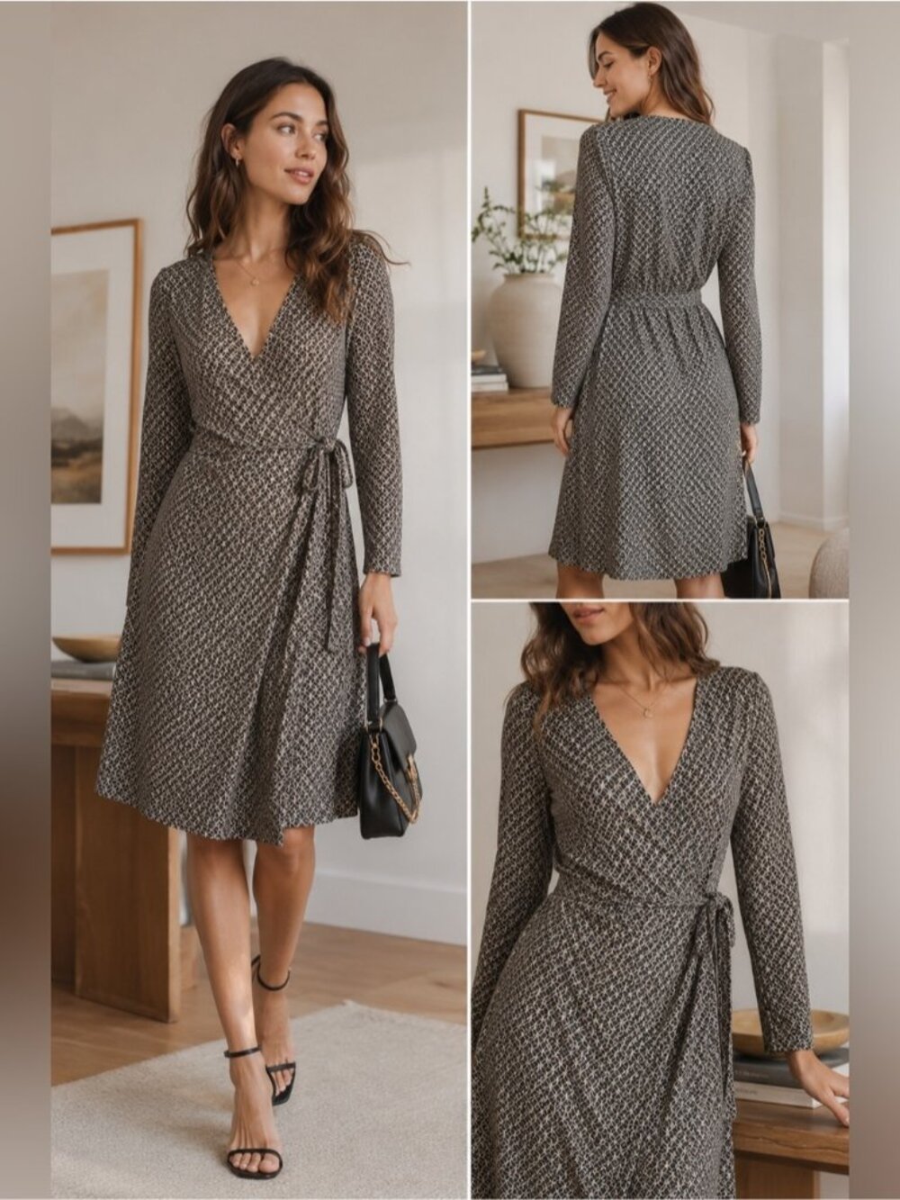 LOFT Geometric Faux Wrap Jersey Dress V neck Ruched Office Chic Stretch Size 2